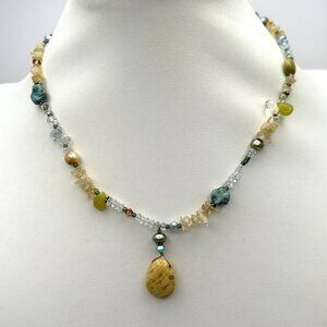 Sterling 925 Gemstone Necklace Citrine Quartz Jasper Pendant Artisan Boho
